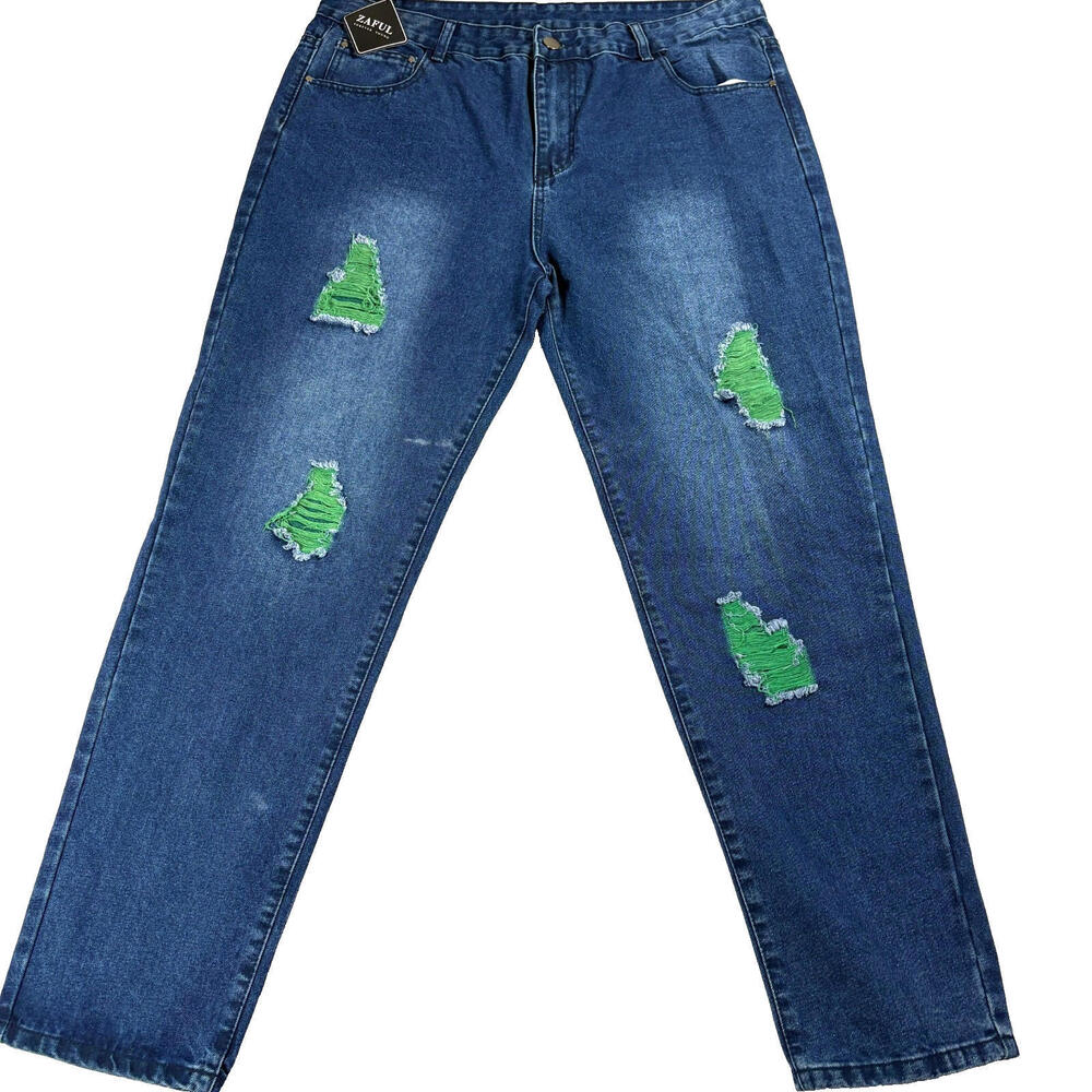 Mens Blue Distressed Jeans Size 38 Slim Fit Streetwear Y2K Green Patch NWT Denim